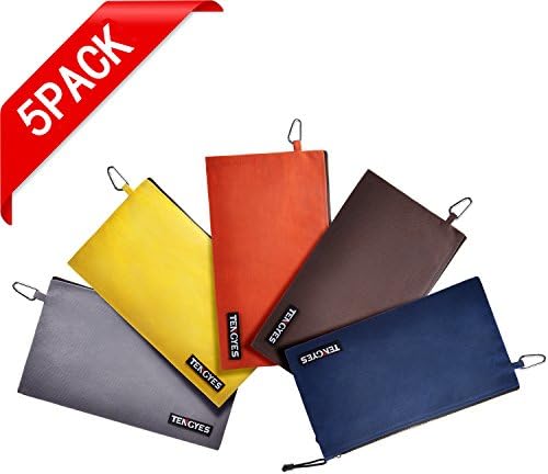 Canvas Tool Bag - 5 Pack Heavy Duty 16 oz. Tool Pouch Tote Bag, 12.5" x 7" Color Coded with Metal Zipper, Carabiner Clip - Multi Purpose Durable Storage and Organizer Bag for Men, Women, Kids