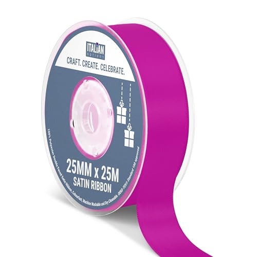 Italian Options Satin Ribbon, Fabric Ribbons for Gift Wrapping, Crafting, Balloons, Wedding Car, Presents, Cake, Christmas, Birthday, Gift Wrap Accessories, 25mm Wide x 25 Metre Roll, Clover Pink