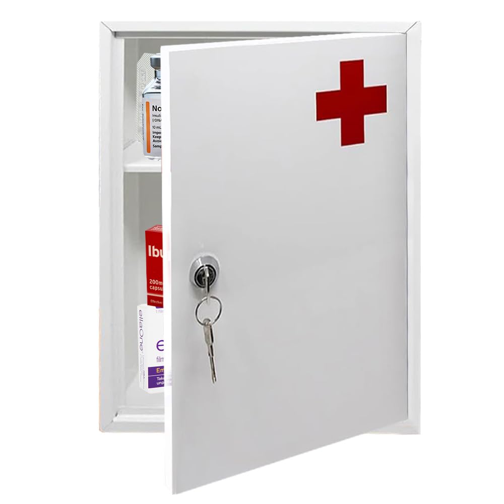BARGAINS-GALORE First Aid Medical Cabinet - Use at Home, Office, School, Lab, Medicine Kit | Wall Mounted With Fixings Included | Child Proof & Comes With 2 Keys