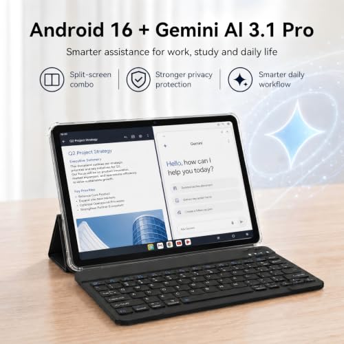 Tablet with keyboard, Android 16 Tablets with 10 Inch HD+IPS Display, 18GB RAM+128GB ROM/ 2TB TF, Gemini AI 3.1, GPS, 5G WiFi & 5MP Camera, 6000mAh, Widevine L1, GMS Certified, 4 Years Warranty