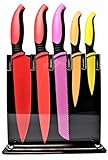 Kitchenson 3CR14 Stainless Steel Nonstick Multi-Color Professional Cutlery Set with 5 knives and 1 Clear Acrylic Stand 8.25” x 8.5”, Red, Pink, Orange and Yellow, 6 Piece Total
