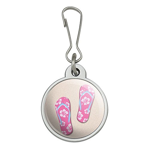 Pink Flip Flops on Sand with Hibiscus Flowers Sandals Beach Jacket Handbag Purse Luggage Backpack Zipper Pull Charm