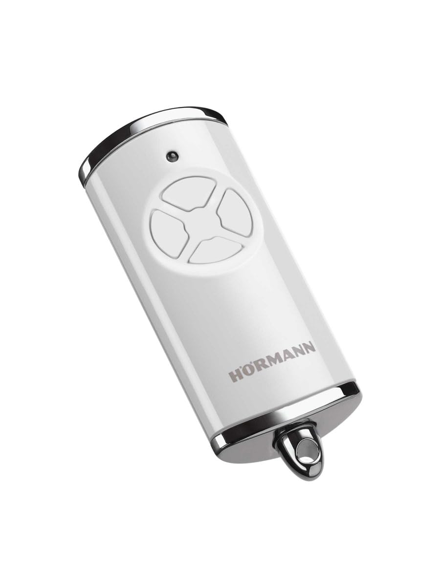 Hörmann HSE 4 BS 4511565 Handheld Transmitter (Frequency 868 MHz, High-Gloss White, Garage Door Drive with Chrome Caps, Batteries, Dimensions 28 x 70 x 14 mm, Includes Key Ring)