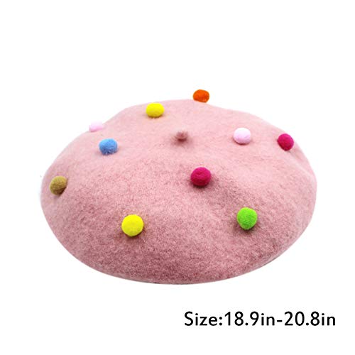 RARITYUS Fashion Cute Wool French Artist Beret Hat Warm Beanie Cap Headwear with Small Rainbow Pom Pom for Kids Girls