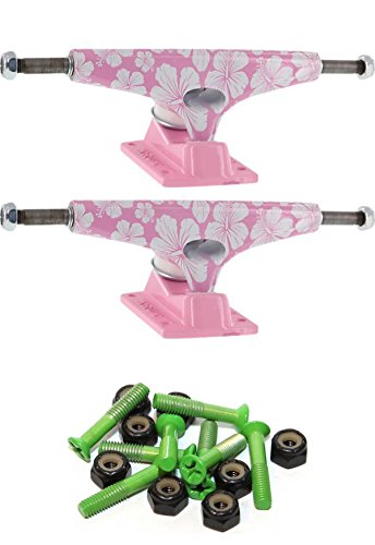 Krux Trucks Pink Flowers Standard 5.0" Skateboard Trucks with 1" Green Mounting Hardware
