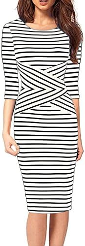 SYLVIEY Women's Summer Striped Sleeveless Wear To Work Casual Party Pencil Dress (Small, White-3/4 Sleeve)