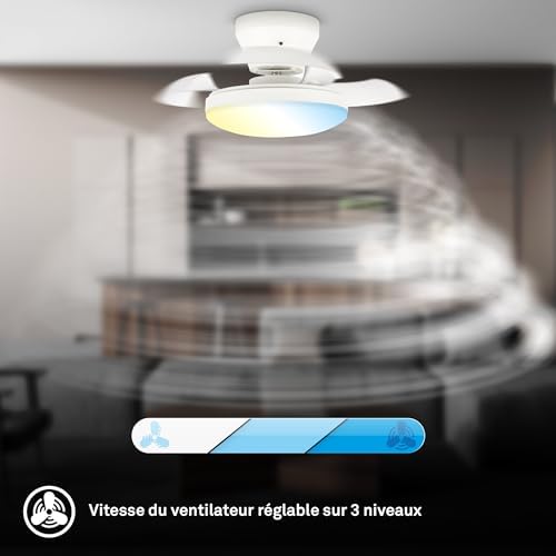 - Plafonnier ventilateur de plafond LED avec éclairage, télécommande, moteur DC silencieux à 3 vitesses, CCT et intensité réglable, pales rétractables, plafonnier ventilateur, 44 cm, blanc