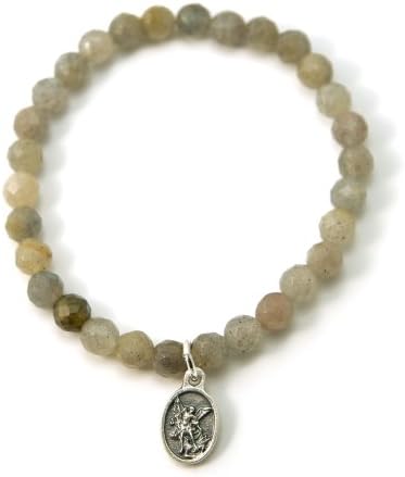 Labradorite Faceted Stretch Men Bracelet with Saint Michael Protector Metal Medal (7.5 Inches)