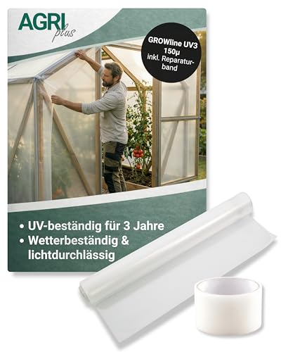 AGRI plus Gewächshausfolie inkl. Reparaturband I 2 x 50 m I UV-beständige, wetterfeste & reißfeste Gartenfolie I 150 µ Starke Abdeckfolie für Gewächsh