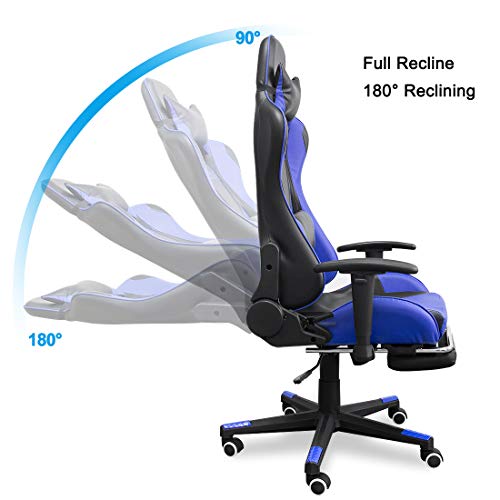 Gaming Chair Ergonomic Racing - Bizzoelife High Back PU Leather Adjustable Office Chair with Footrest Backrest Headrest (Blue)