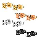 Assorted Colors Stainless Steel Alphabet Letter Initial Stud Earrings, Yellow Gold, Rose Gold, Black Plated, Hypoallergenic (Letter K x 4 Pairs)