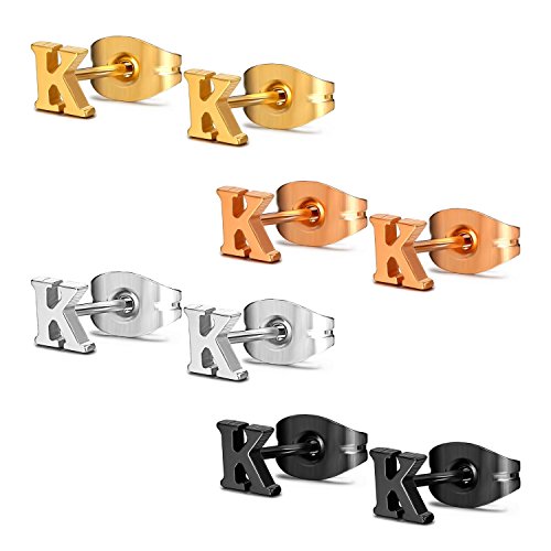 Assorted Colors Stainless Steel Alphabet Letter Initial Stud Earrings, Yellow Gold, Rose Gold, Black Plated, Hypoallergenic (Letter K x 4 Pairs)