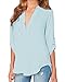 Face N Face Women's Summer V Neck Solid Loose Casual Cuffed Long Sleeve Blouses Sky Blue