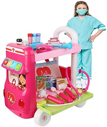 Kids Doctor Cart Pretend Play Set, Medical Trolley Kit Stethoscope Toys Organizer Game Preschool Educational Scientist Doctor Role Play Toy Gifts for Girls Boys