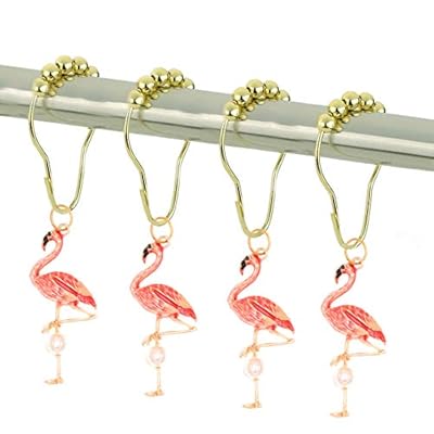 CHICTIE Gold Flamingo Shower Curtain Hooks for Bathroom Decorative Shower Rod Liner Rings Set of 12 Cute Pink Birds… 415p0R4Cx3L