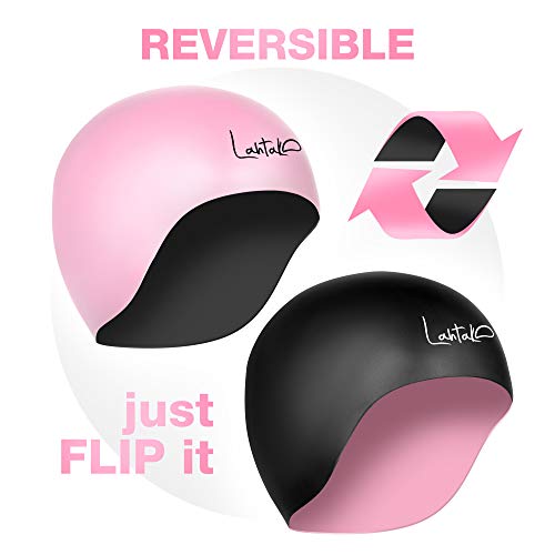 Swim Cap Reversible 3D - Swimming Cap Women Men - Silicone Swim Cap Waterproof- Best for Short and Medium Long Hair - Adult Swim Cap - Youth Swim Cap - Swim Hats (Black & Rose Quartz)