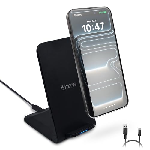iHome 15W Folding Wireless Charging Stand, Fast Charge, Travel-Friendly Design,…