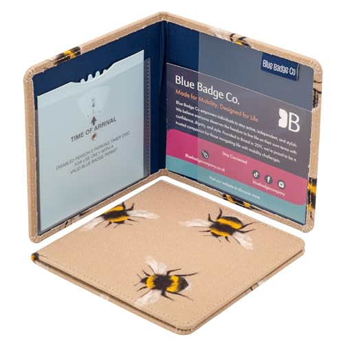 Blue Badge Co Bee Print Fabric Hologram-Safe Wallet Disabled Parking Permit Cover Holder Fits New Badge Includes Timer Clock Made in The UK