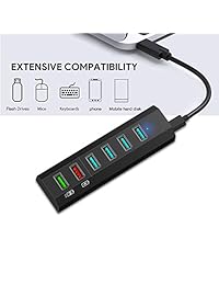 USB C Hub, raoyi USB de 6 puertos HUB, 24 W 4 de alta velocidad USB3.0 Transferencia de Datos puertos, 1 puerto de carga rápida y 1 puertos de carga inteligente, Negro