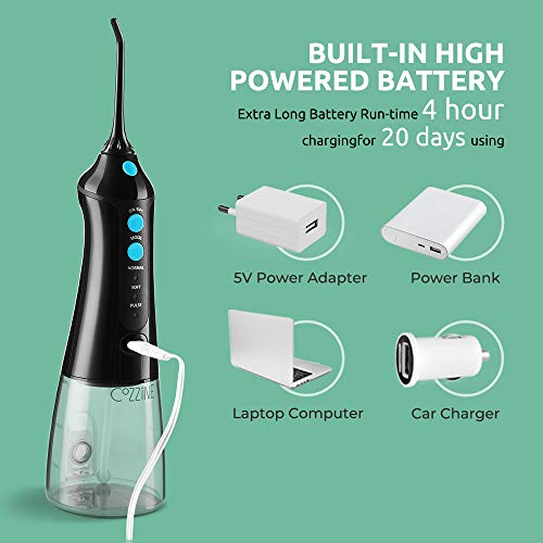 Water Flosser Cordless Dental Oral Irrigator, Cozzine 300ML Professional Portable Rechargeable Water Flossing for Trave & Home, IPX7 Waterproof 3 Modes Teeth Cleaner with 4 Jet Tips, Black - Thumbnail 4