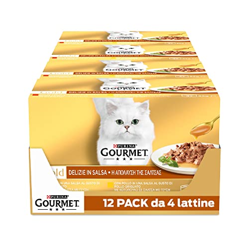 Purina Gourmet Gold Fijne hapjes in saus, natvoer voor katten met kip en rundvlees, 48 blikjes van 85 g