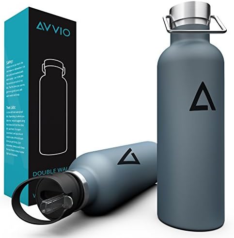 Avvio Hydro – Insulated Stainless Steel Water Bottle Flask with Wide Mouth Double Wall Sport Water Bottle BPA Free + 2 Lids (Flip Straw &amp; Stainless Lid) Canteen Tumbler Travel Mug 21 OZ (Midnight)