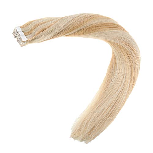 LaaVoo 14 inch Highlight Blonde Tape in Human Hair Extensions Color #27 Honey Blonde to Color #60 Light Blonde Seamless Human Hair Extension 20Pcs 50g/Package - Thumbnail 2