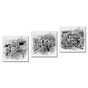 Canvas Wall Art Vintage Building Painting Artwork for Home Prints Framed - 12"x12"x3 Panels