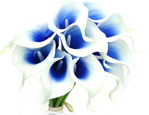 FiveSeasonStuff 10 Stems of Real Touch Calla Lillies (Latex) Artificial Flower Bouquet, Perfect for Wedding, Bridal, Party, Home Office Décor DIY (White & Blue)