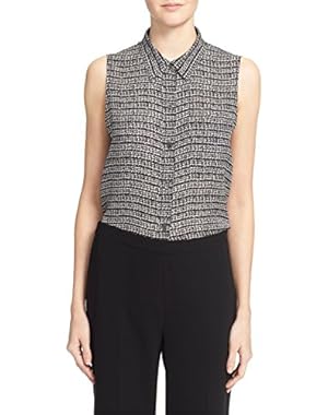 Womens Small Button-Front Printed Silk Blouse Black S