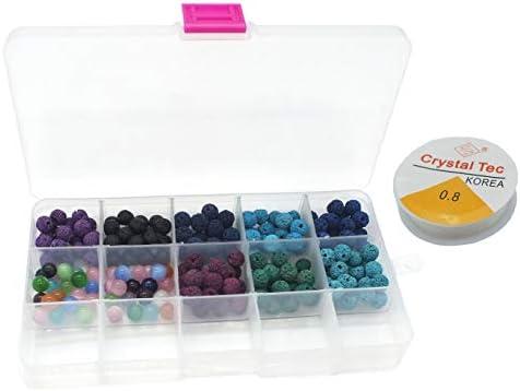 Vincilee 200pcs DIY Colored Lava Rock Stone Volcanic Gemstone Beads Assortment Colored Volcanic Stone Loose Beads Cat Eye Beads with 1 Roll Elastic Crystal String for Jewelry Making Bracelet Necklace