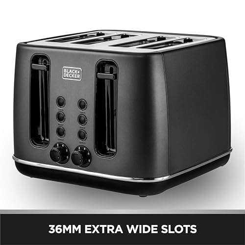 BLACK+DECKER Premium 4 Slice Stainless Steel Toaster – 2300W Dual Sided Heating with 6 Level Independent Browning Control, Defrost & Reheat LED Buttons, 4-Slot Design, 36mm Wide Slots | SSET425-B5