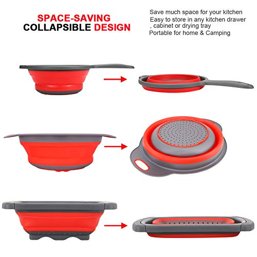 Huanlemai 3-Packs Red Kitchen Collapsible Colander Set with Extendable Handles Over The Sink - BPA Free Silicone Folding Strainer for Draining Pasta, Vegetable, Fruit (6qt, 4qt, 2qt)