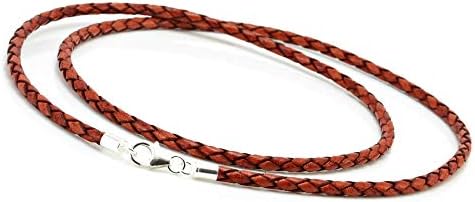 CMJ London Mens/Ladies Leather Necklace Sterling Silver Ends Clasp-Genuine Antique Red Brown Braided Leather 16" - 30" Cord