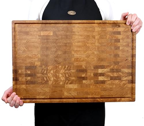 B4K® Schneidebrett Aus Eiche Stirnholz 60 × 40 × 4 Cm – Massiver Hackblock | Antibakterielles Hirnholzbrett Mit Griffen &Amp; Silikonfüßen | Perfekt Für Küche, Fleisch &Amp; Bbq