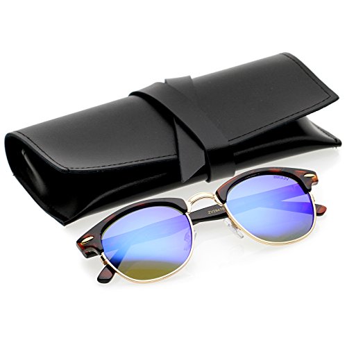 zeroUV - Classic Horn Rimmed Neutral Colored Lens Semi-Rimless Sunglasses 49mm (Tortoise-Gold / Blue Mirror)