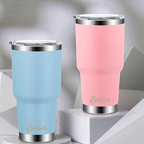 4 Pack 30oz Vacuum Insulated Tumblers, Bastwe Double Wall Stainless Steel Travel Tumblers with Lids and Straws for Home, Office, School, Works Great for Ice Drink, Hot Beverage (Blue + Pink)