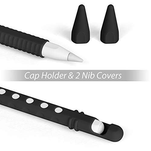 Silicone Case for Apple Pencil 2nd Generation Holder Sleeve Skin Pocket Cover Accessories Kit for iPad Pro 11 12.9 inch 2018, Soft Grip Pouch Cap Holder and 2 Protective Nib Covers (Black)