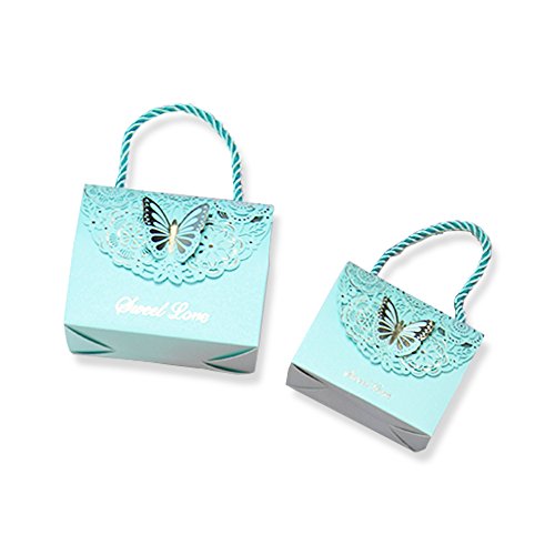 Finex 100 pcs Premium Korean Wedding Design Party Favors Candy Boxes - Light Blue 3D Butterfly Handbag style Hollow Carved Laser Die Cut
