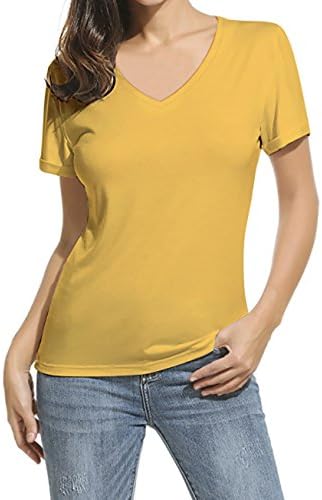 YIN HUI Women's Short Sleeve T-Shirt Soft Cotton Tee V Neck (Yellow, M)