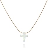 Tooliks Opal Cross Choker Necklace – Thin Chain, Gold Filled or Silver, Blue or White, 13.5–16.5”