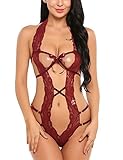 Avidlove Women Deep V Halter Lingerie Teddy One Piece Bodysuit Lace Babydoll Dark Red S
