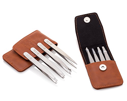 Professional Tweezers Set - 4 Piece Precision Stainless Steel Eyebrow Tweezer Kit with PU leather travel case - Perfect for Facial Hair, Splinters, Ingrown Hairs, Ticks, blackheads and eyebrows - Thumbnail 2