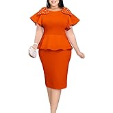 ONTINVA Women's Plus Size Pencil Dress Bowtie Beaded Ruffle Flared Sleeves Wedding Guest Dress Wear to Work Dresses