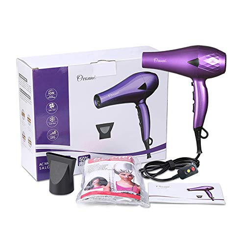 Ovonni Ionic Blow Dryer with Bonnet Hood, Pro 1875W Negative Ion Ceramic Tourmaline AC Moter Hair Dryer, 2 Speed/3 Heat Settings Cool Shot Long Life Styler Dryer with Concentrator/Nozzle (Purple)