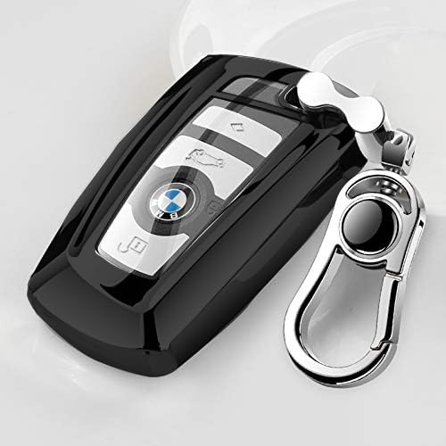 Tpu Silicone Full Protective Car Key Fob Cover for BMW，3 Buttons Remote Control Smart Key Case with Leather Keychain, Compatible with BMW 1/3/4/5/6/7 Series and X3/X4/M5/M6/GT3/GT5,etc.-Black