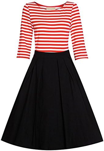 VENFLON Women’s Casual Striped Dress 3/4 Sleeve Round Neck A-line Party Midi Dress (0016) (M, red+white)