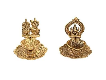 indoselection Handmade Metal Gold Polished Lord Laxmi Ganesha Idol with Diya for Diwali Pooja