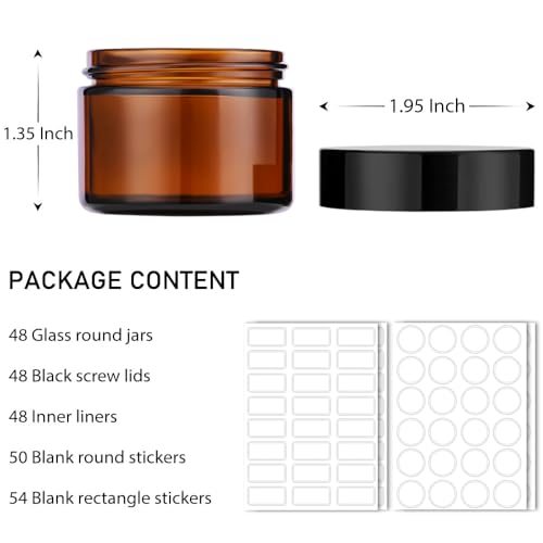 1 oz Glass Jars with Lids, Bumobum 48 pack Amber Cream Jars with Black Lids, Black and White Labels & Inner Liners, Empty Cosmetic Containers for Homemade Balms, Lotion, Salve, Ointment, Body Scrub
