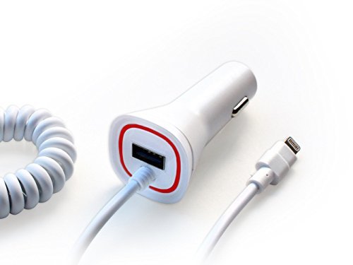 Apple iPhone 7 7 Plus 6 6S 6+ 6S+ SE 5 5S New Rapid Fast Dual Port Car Charger - 6 Foot Coiled Cord 5v / 2.1 Amp - White - Red LED